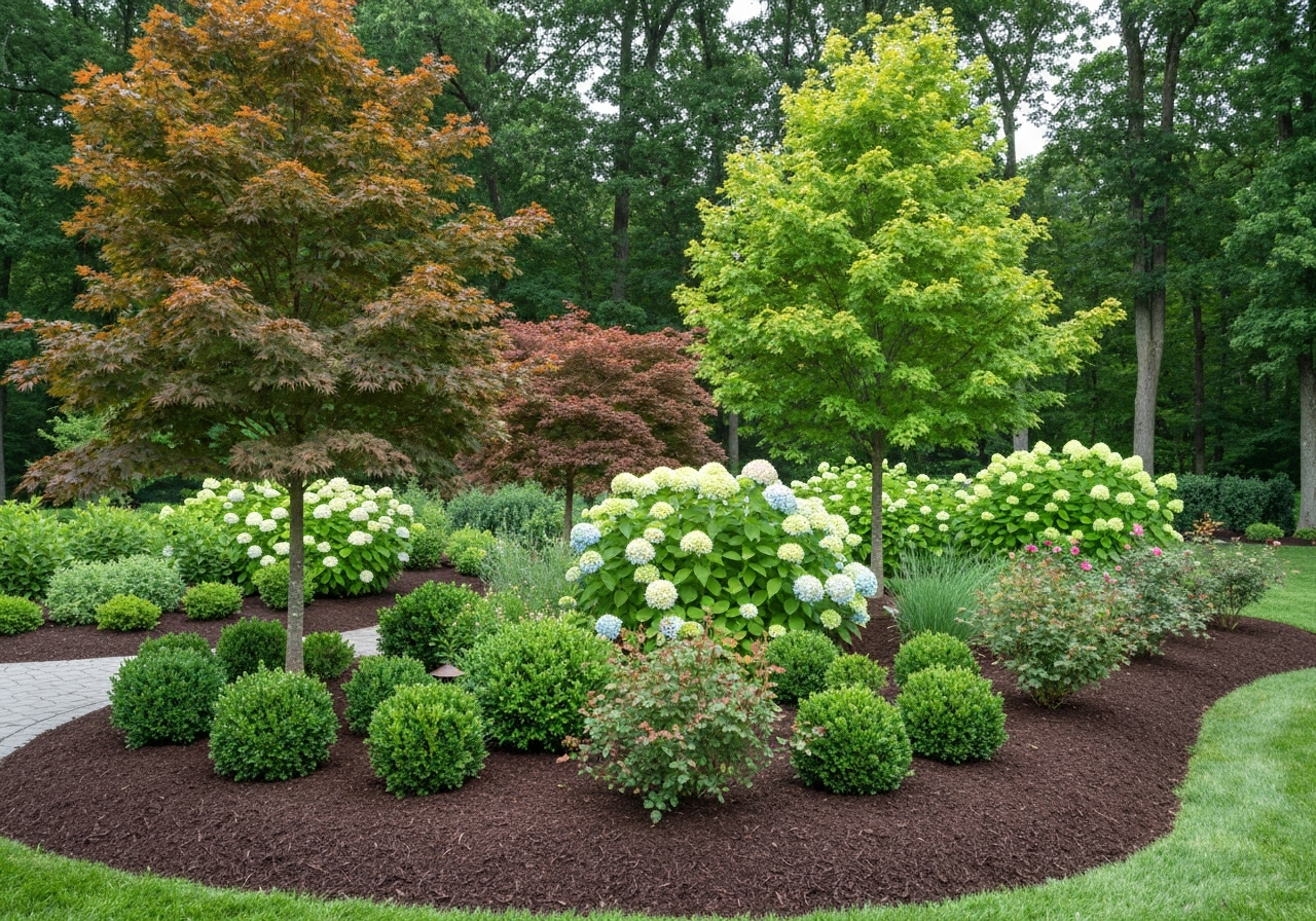 A mix of trees, shrubs, and mulch for landscape design