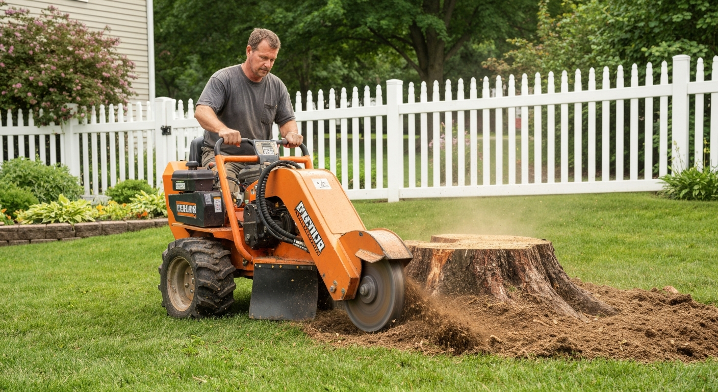 Professional stump grinder removing a tree stump