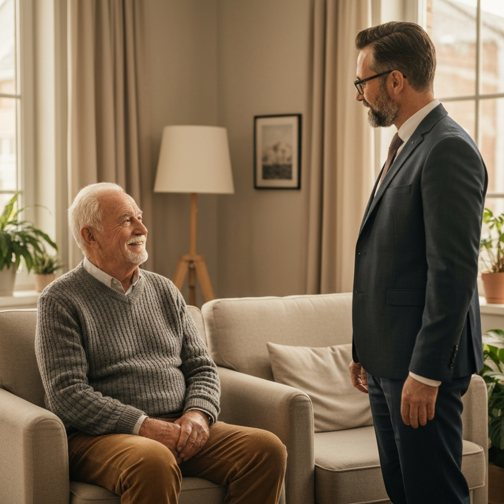 Elderly person talking with a middle-aged male agent about Medicare plan reviews