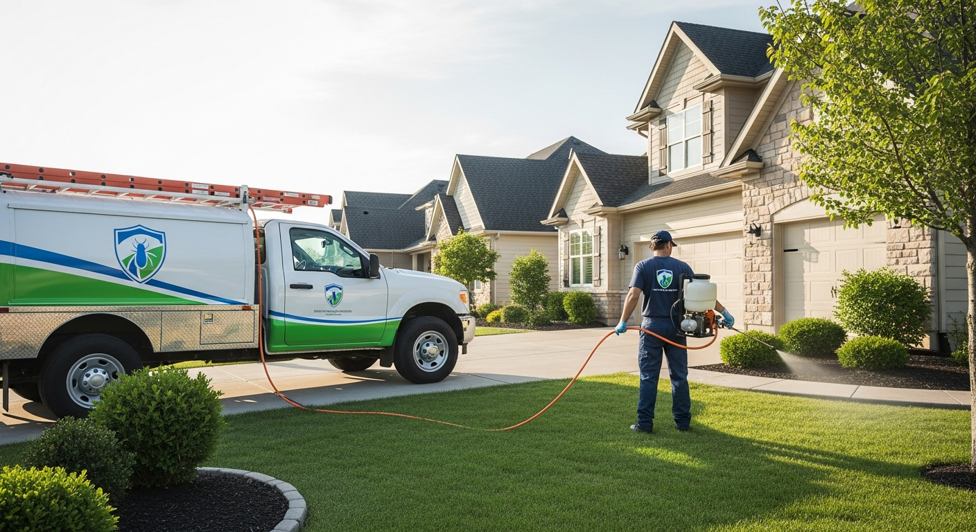 Pest control service in action at a suburban home
