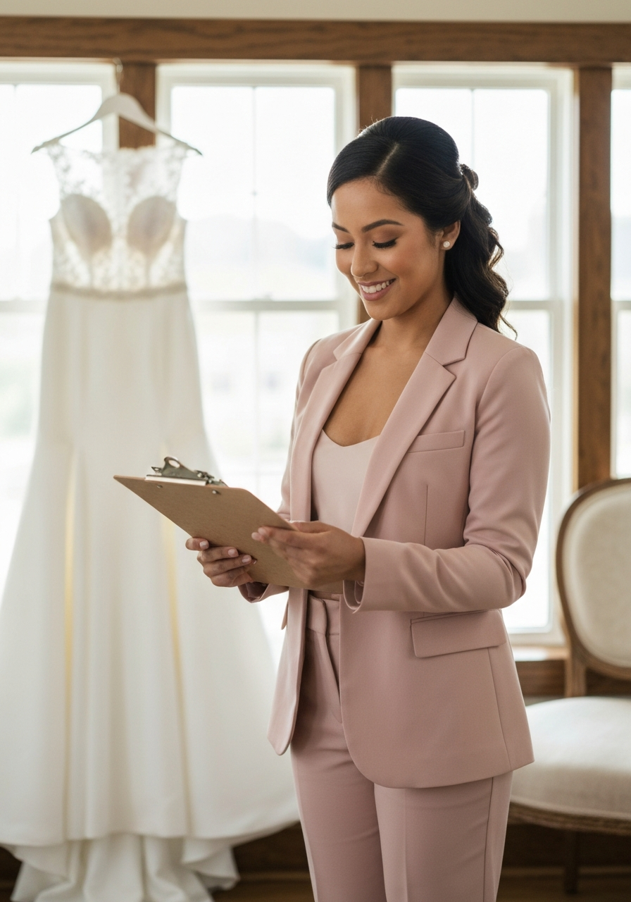 Young Latina wedding planner reviewing guest list