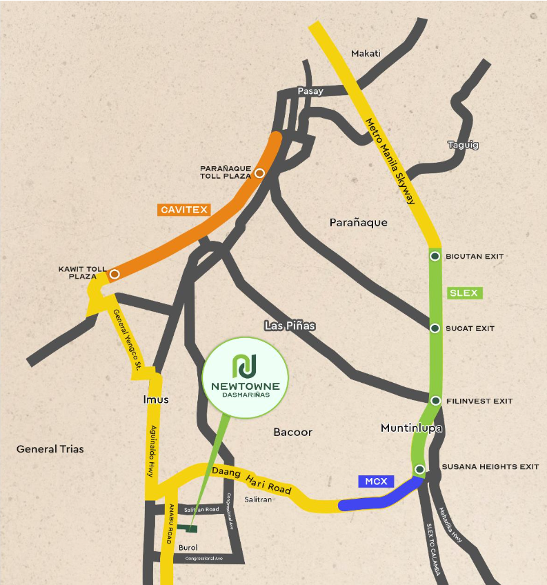 Newtowne Dasmariñas Vicinity Map showing access to SLEX, CALAX, Daang Hari Road, MCX, and major exits