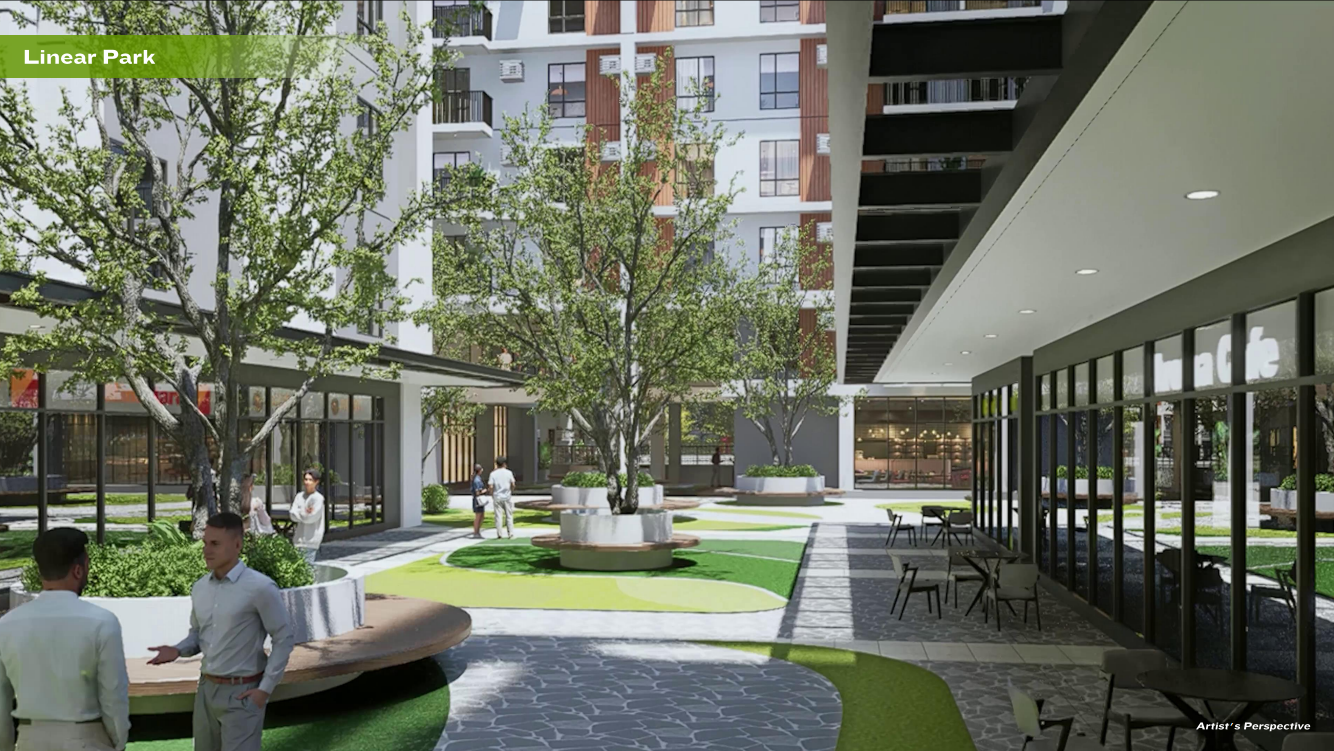 Linear Park - Tree-lined pedestrian walkway with seating areas