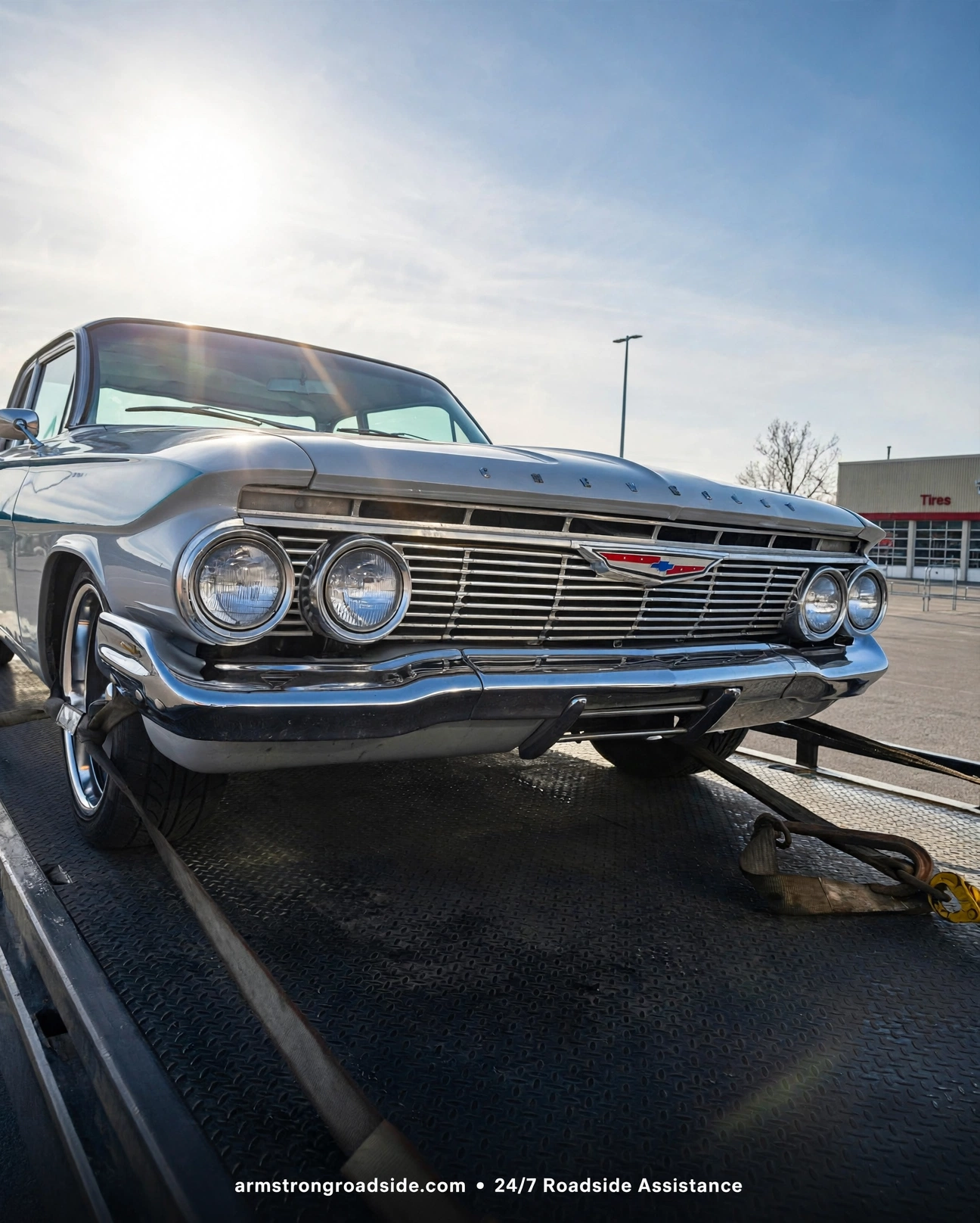 Classic silver car on flatbed tow truck