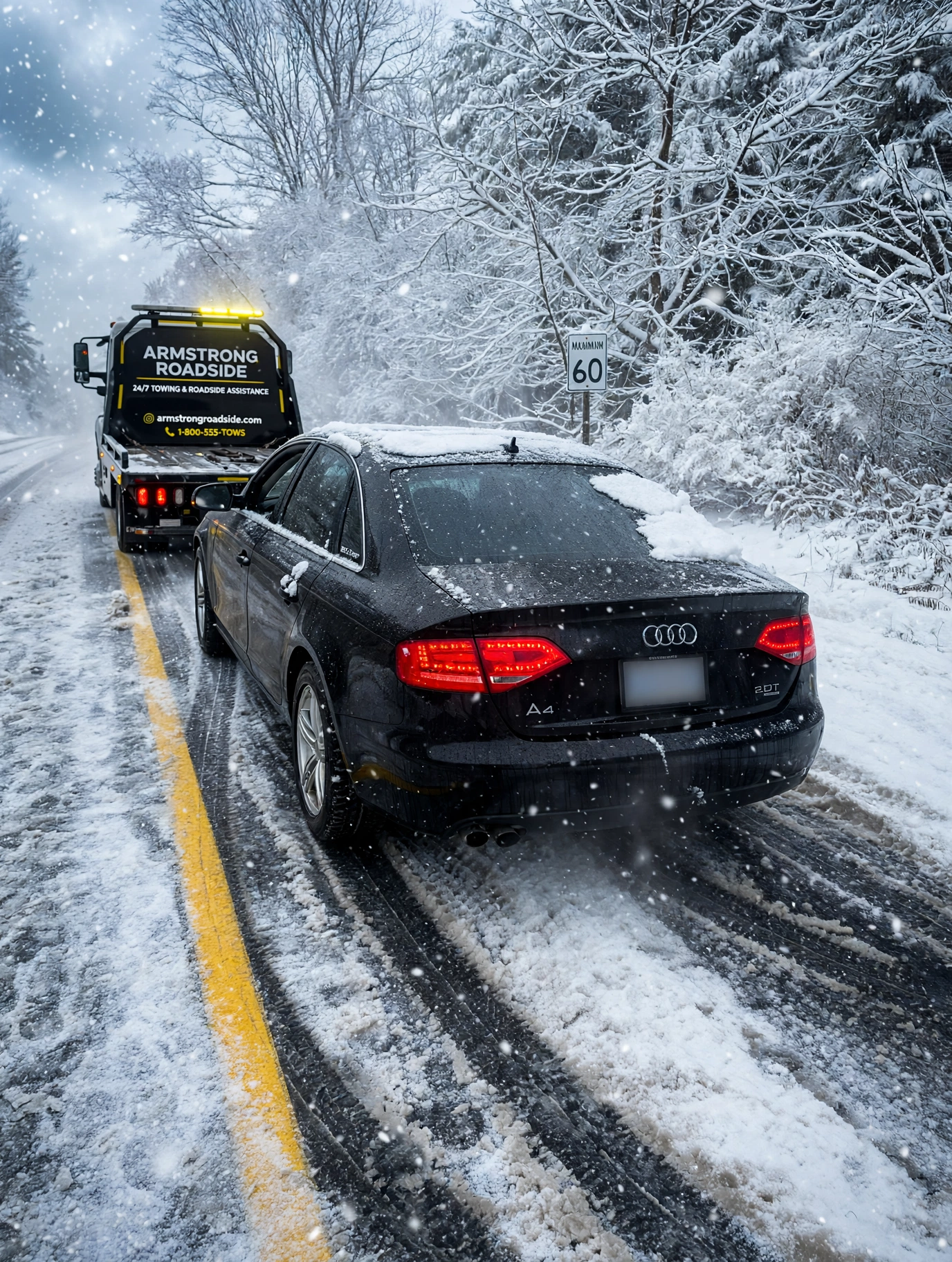 Armstrong Roadside Tow Truck pulling Audi from snow
