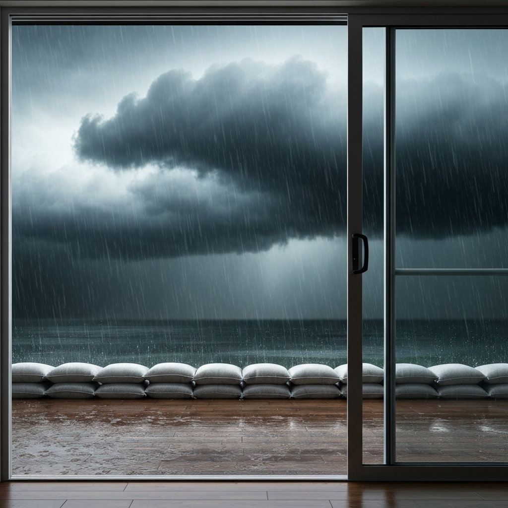Sliding glass door with sandbags, wet flooring visible just inside, storm clouds outside, illustrative example