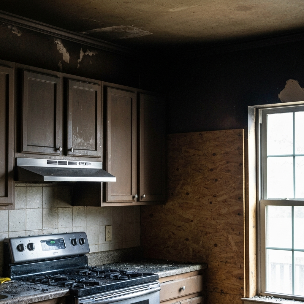 Kitchen with visible soot on upper cabinets and ceiling, board-up material near a window, illustrative example