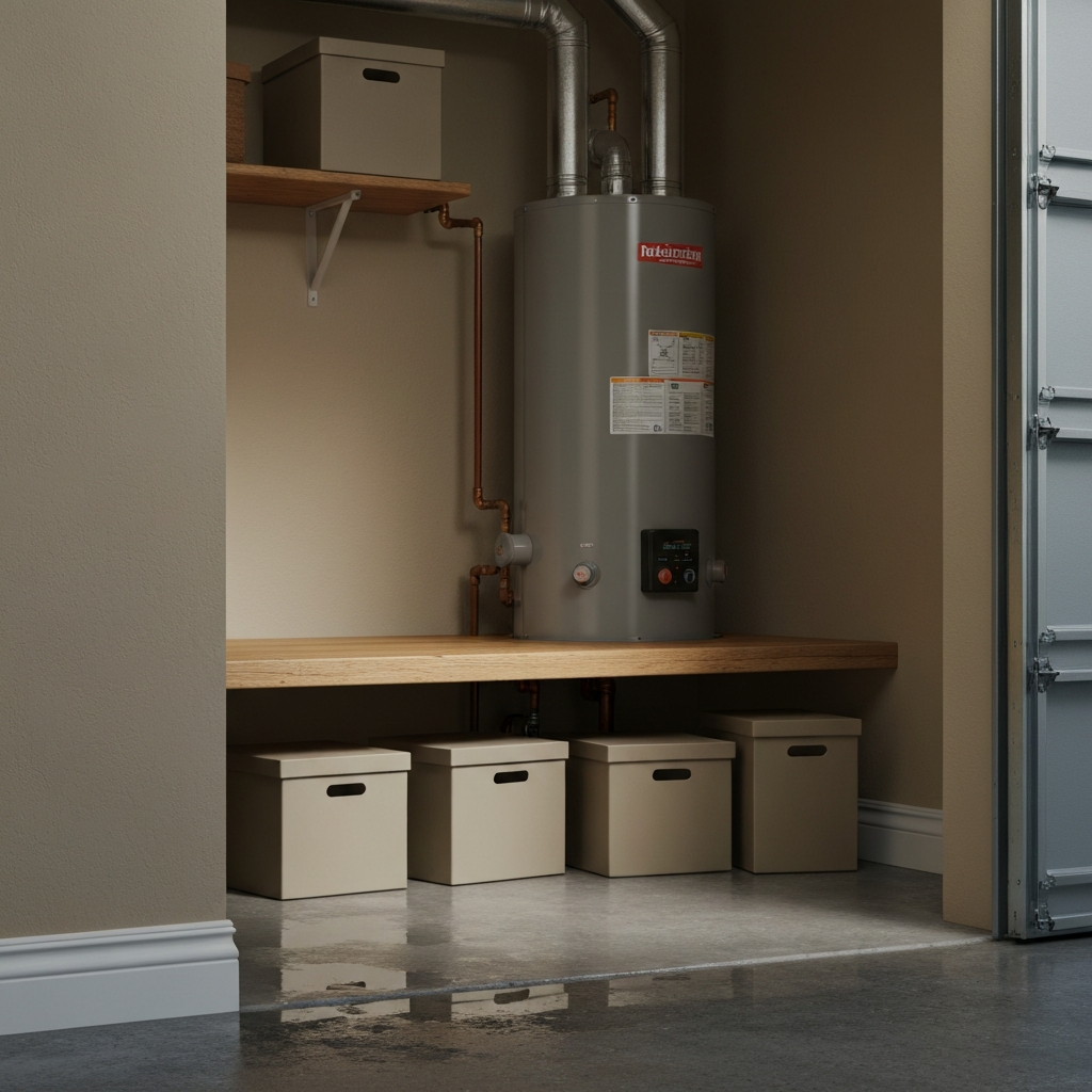 Garage utility closet, water heater platform, wet flooring near baseboard, storage boxes moved aside, illustrative example