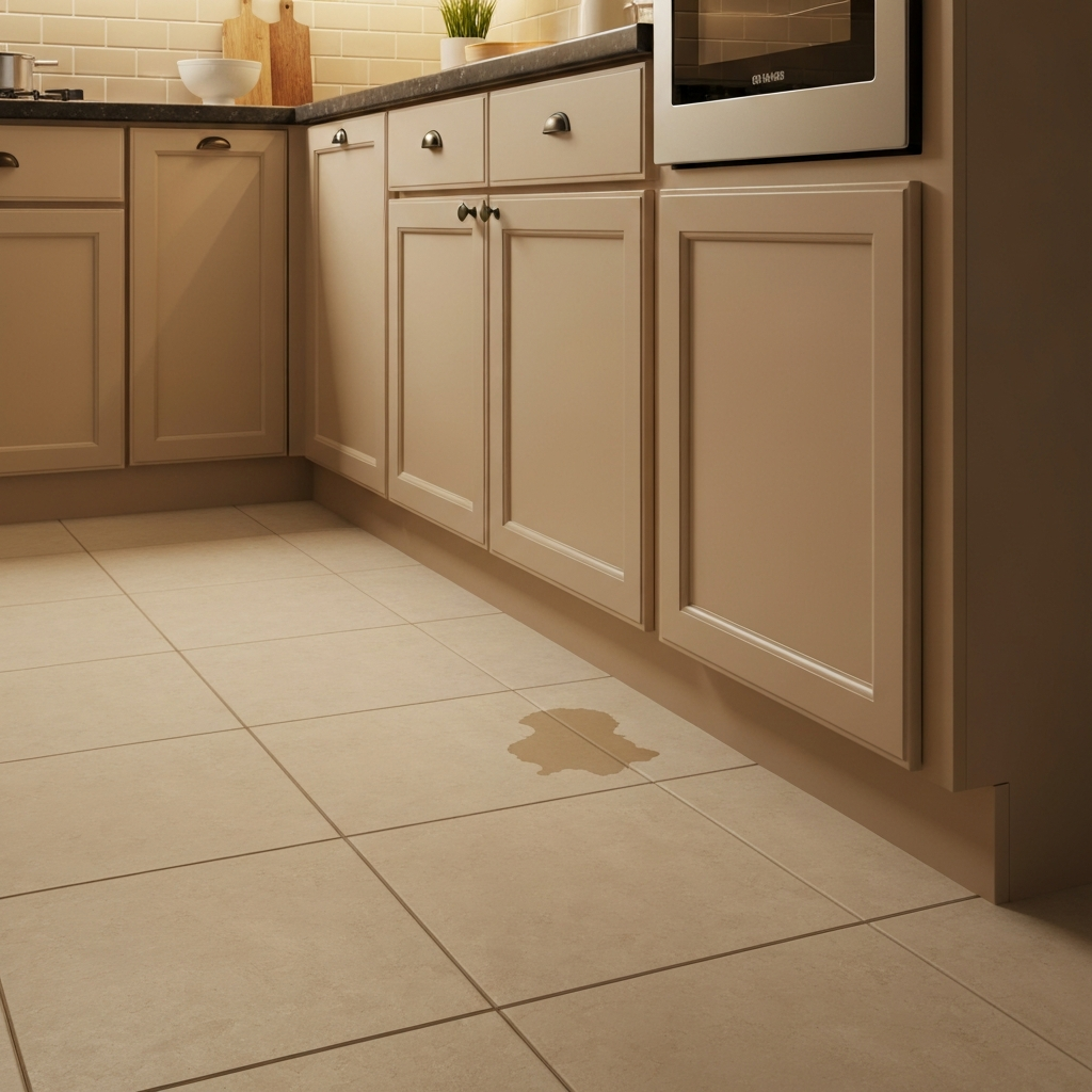 Kitchen tile floor showing signs of water damage from a slab leak, illustrative example