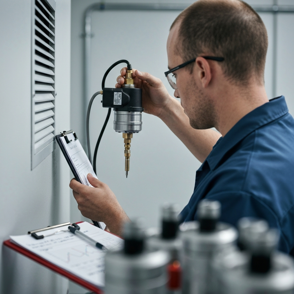 Technician holding an air sampling pump near a wall vent, clipboard nearby, illustrative example