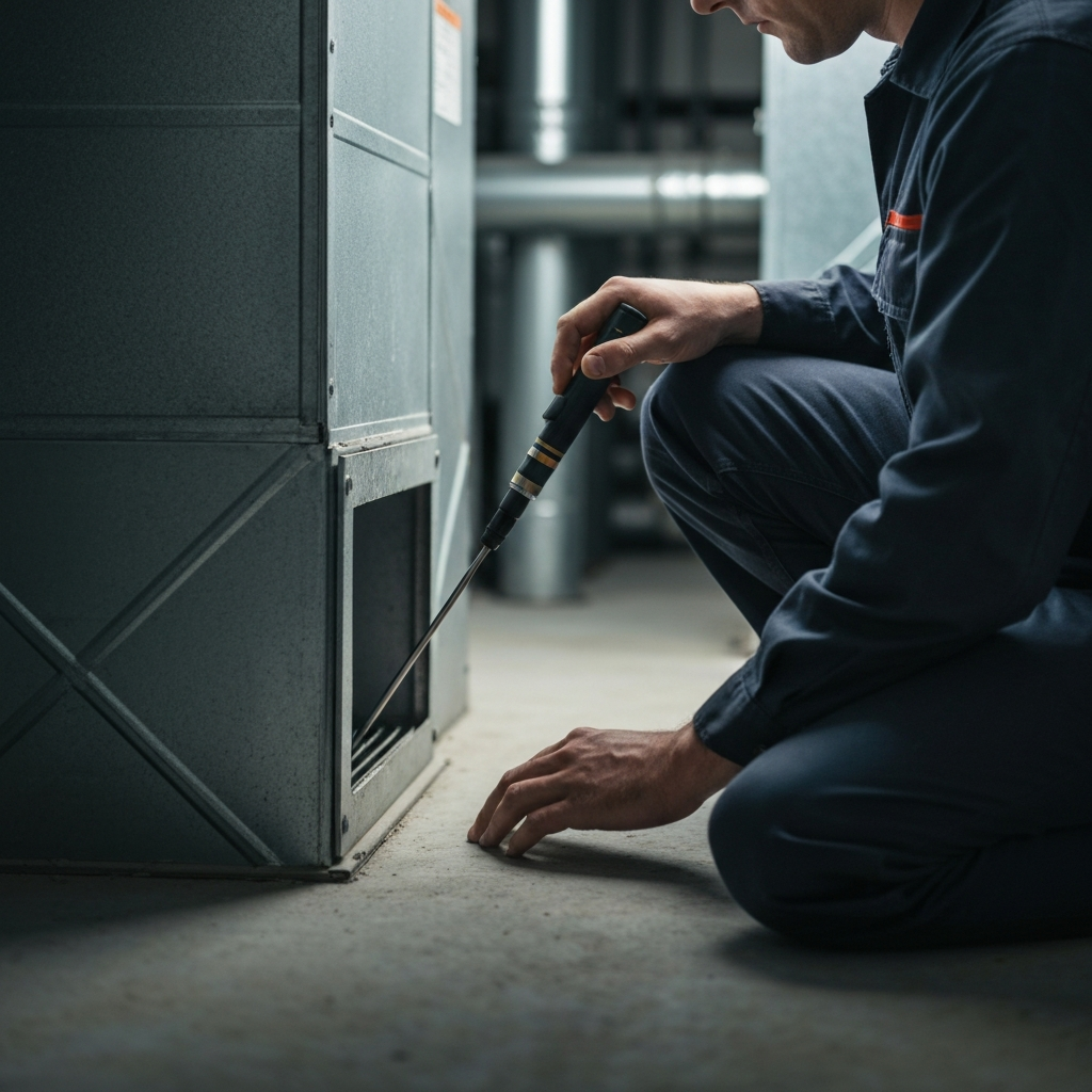 HVAC supply vent, borescope camera being inserted, technician kneeling nearby, illustrative example