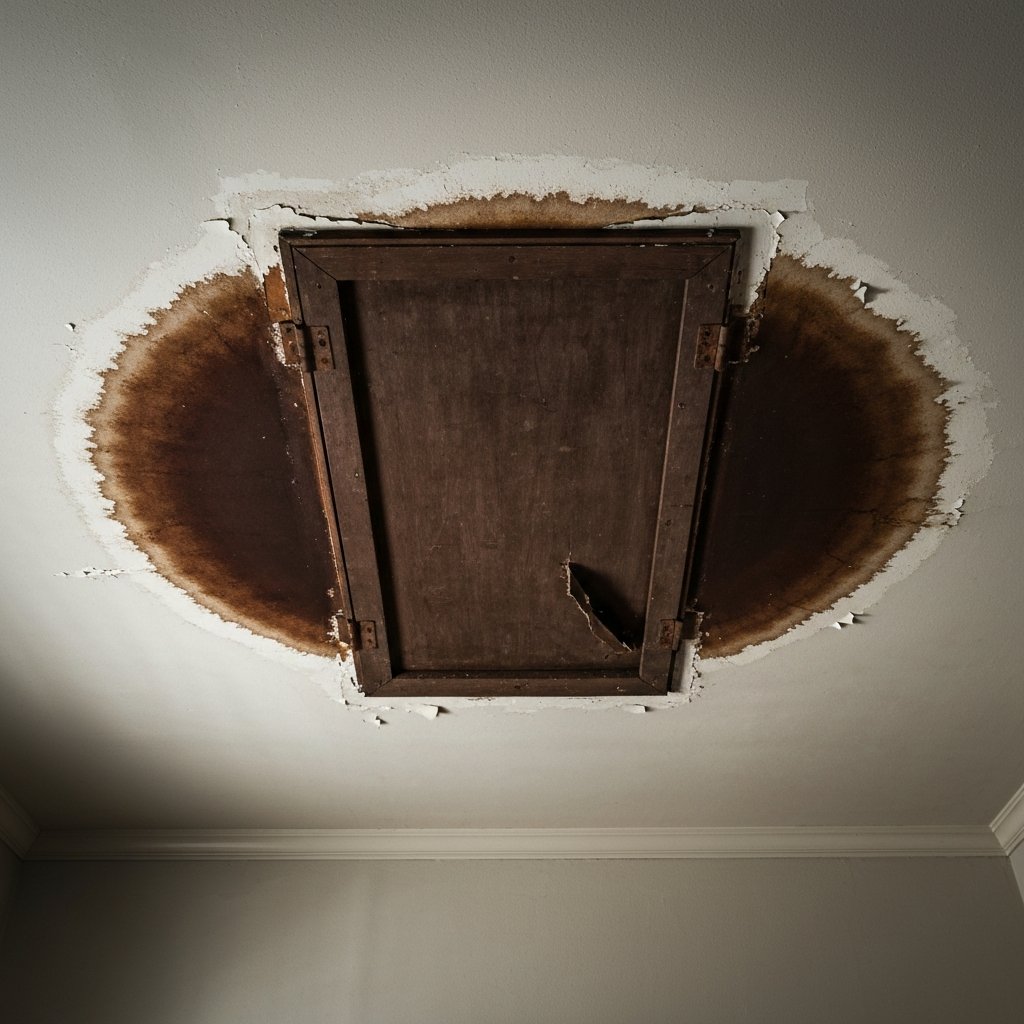 Bedroom ceiling with a circular water stain directly below an attic access panel, illustrative example
