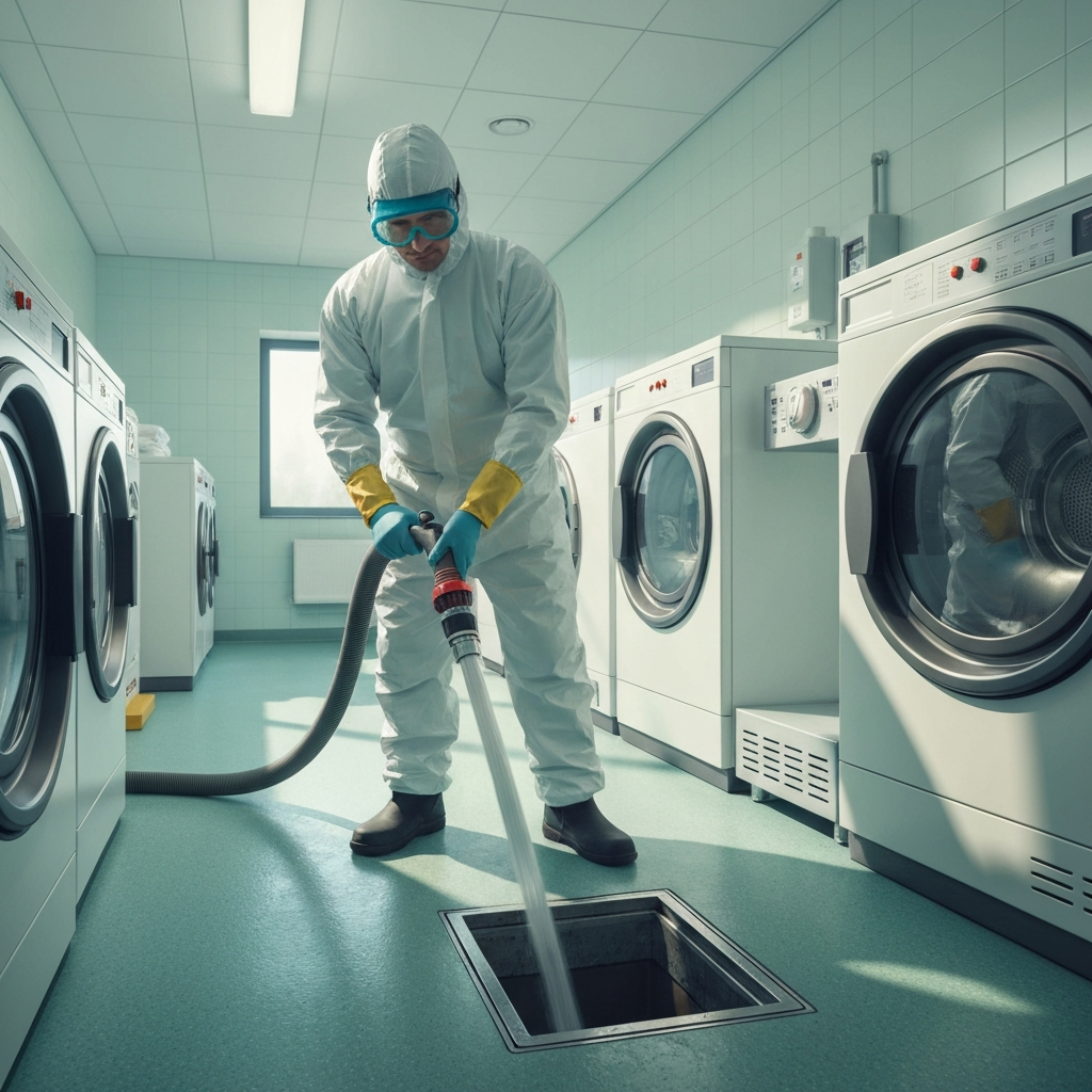 Laundry room, floor drain, PPE-suited technician with truck-mount extraction hose, illustrative example
