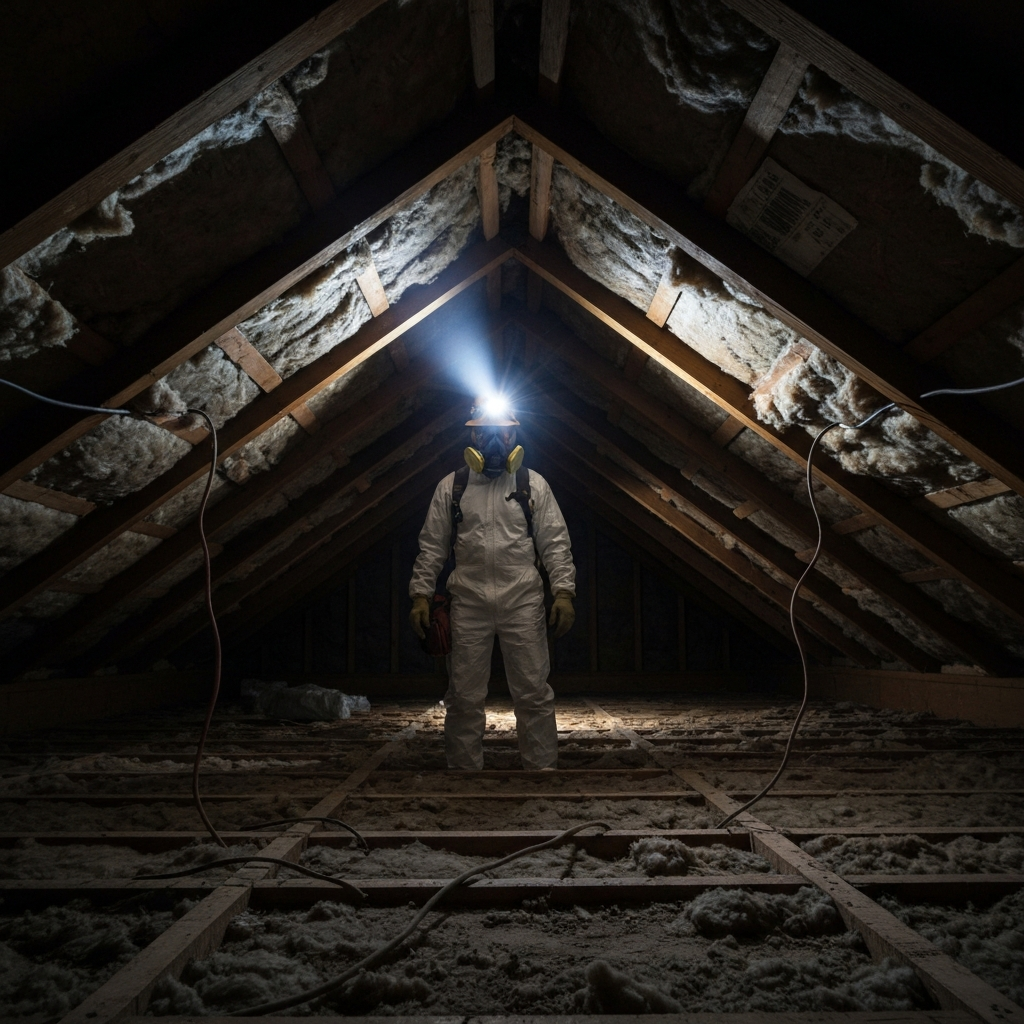 Attic interior, insulation partially removed, technician in PPE with a headlamp, illustrative example