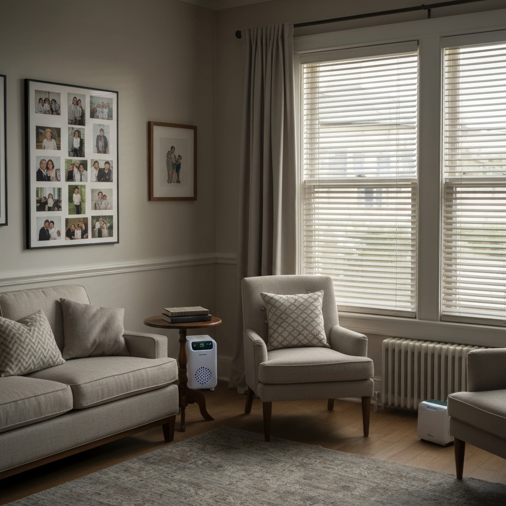 Living room with a hydroxyl generator running, windows closed, family photos on the wall, illustrative example