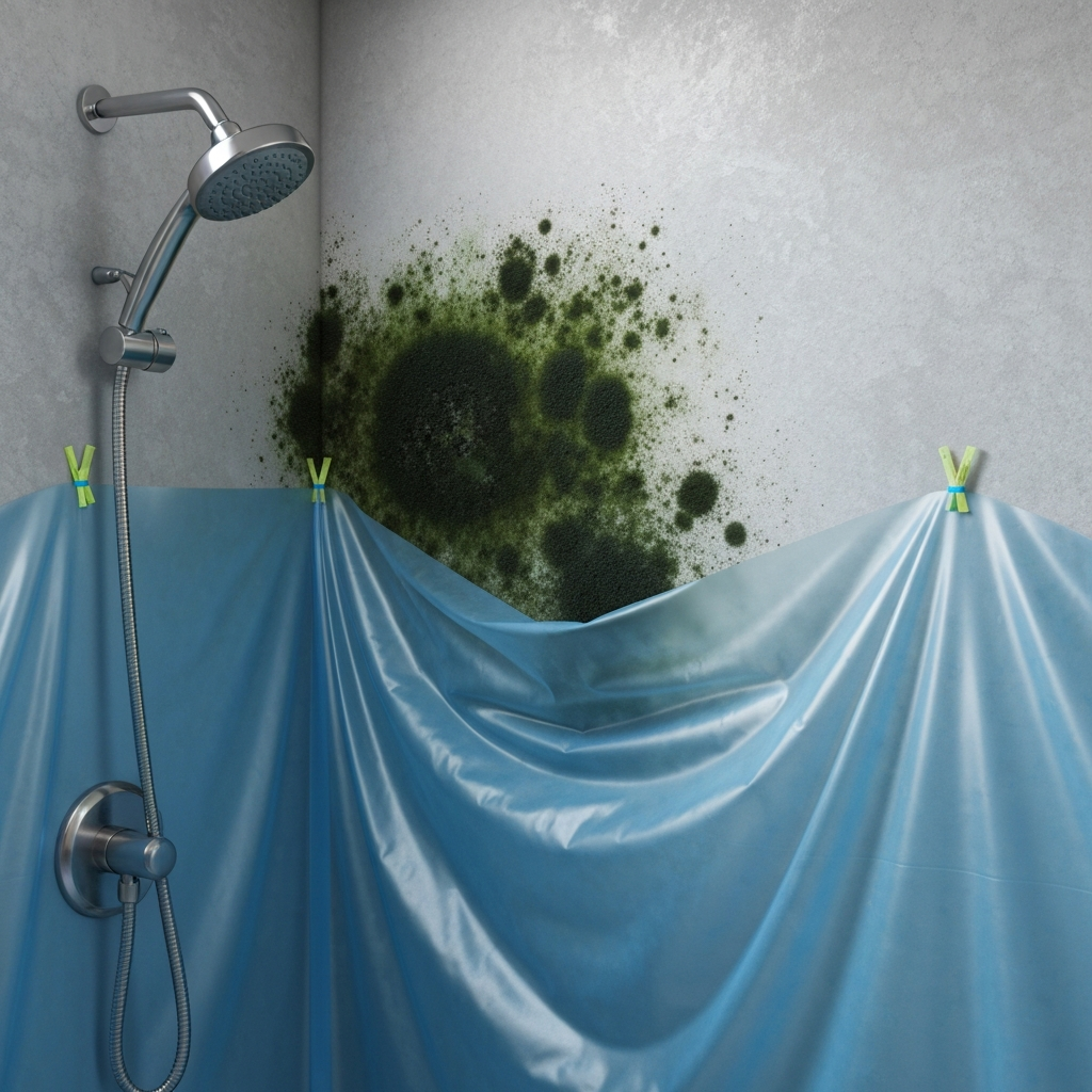 Bathroom wall near a shower, visible mold patch, containment poly sheeting partially set up, illustrative example