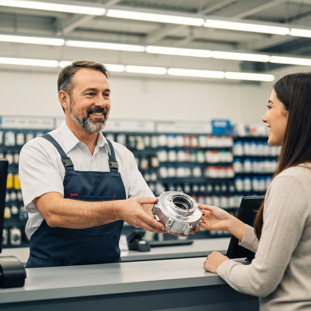Friendly staff handing auto part to customer
