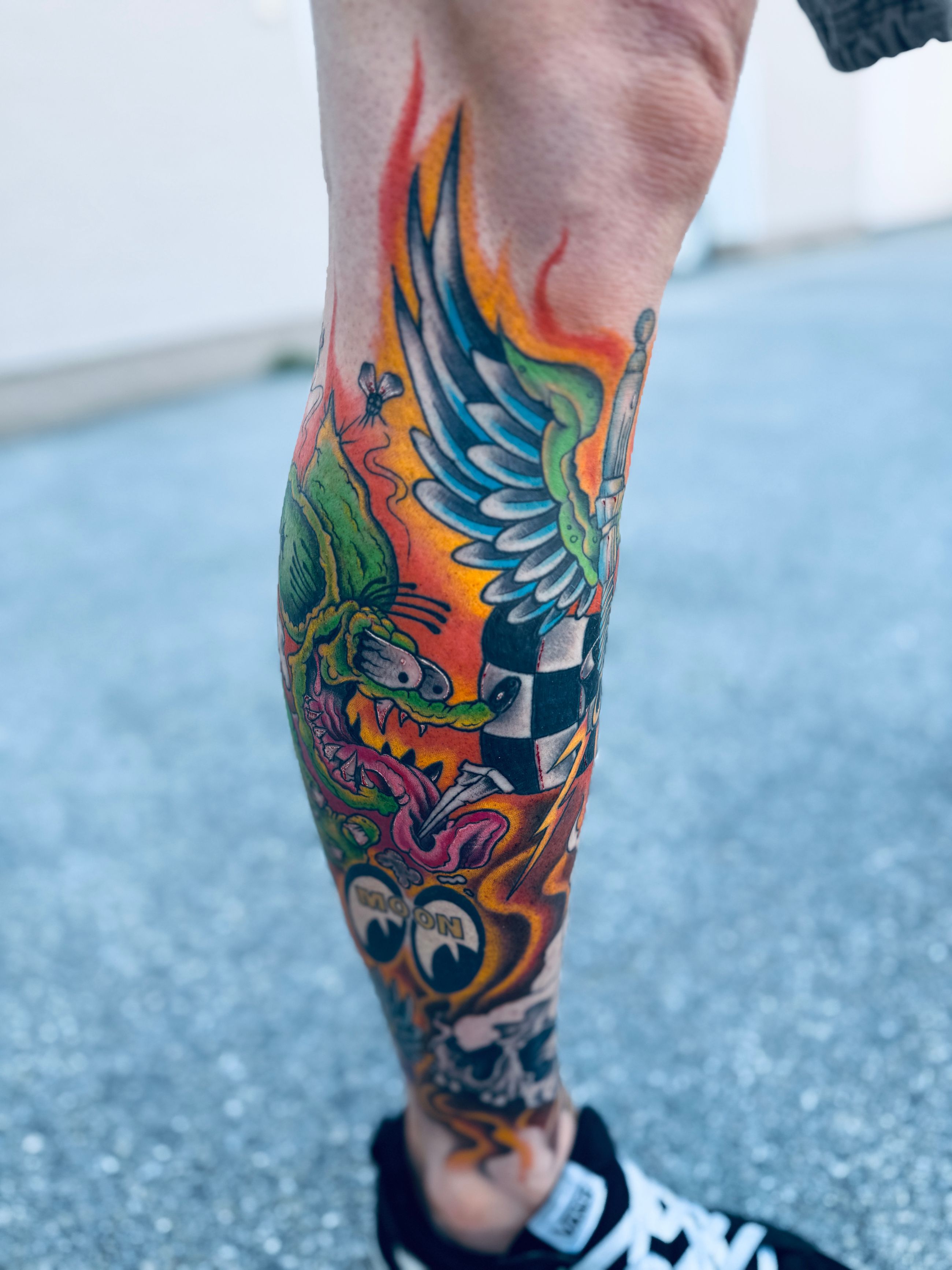 Full colour Kustom Kuture Leg Sleeve Tattoos by Steve Salzburg 35