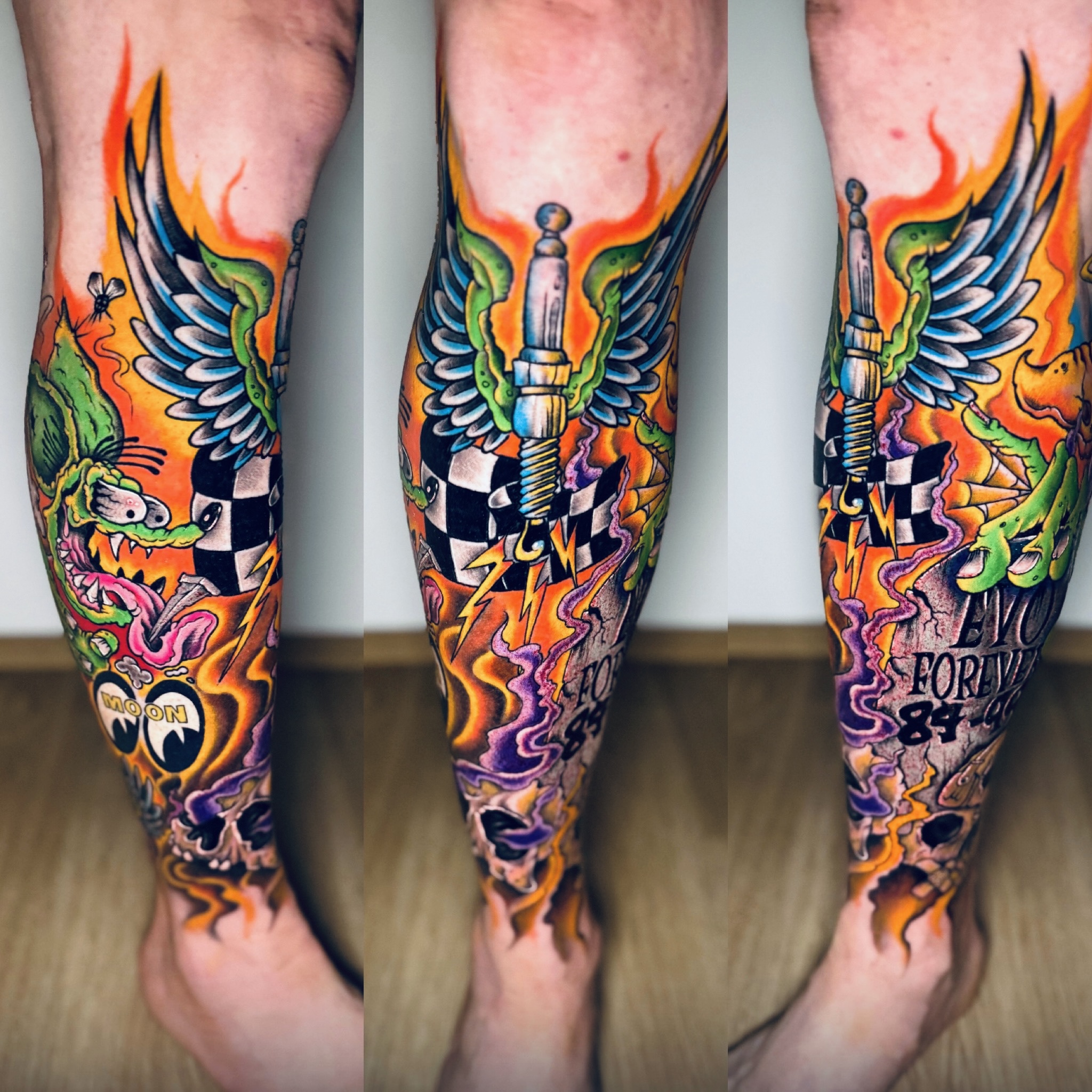 Colour Leg Sleeve Spark Plug Kustom Kulture Tattoo Studio Salzburg 30