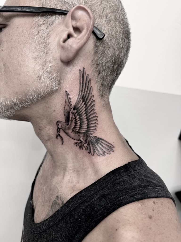 Realistic Dove Tattoo Neck Tattoo Studio Salzburg 21