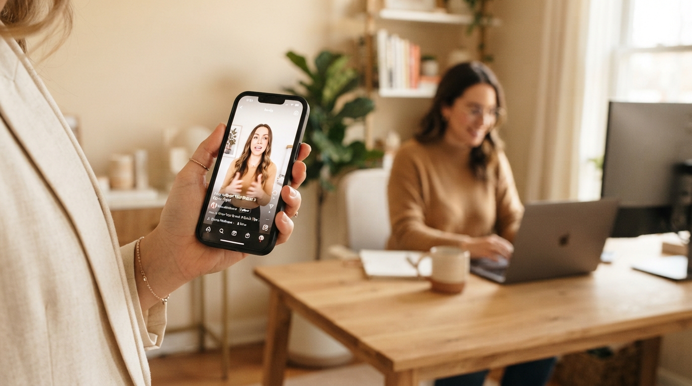 Close-up of a smartphone showing vertical social-media videos, with a business owner working in the background