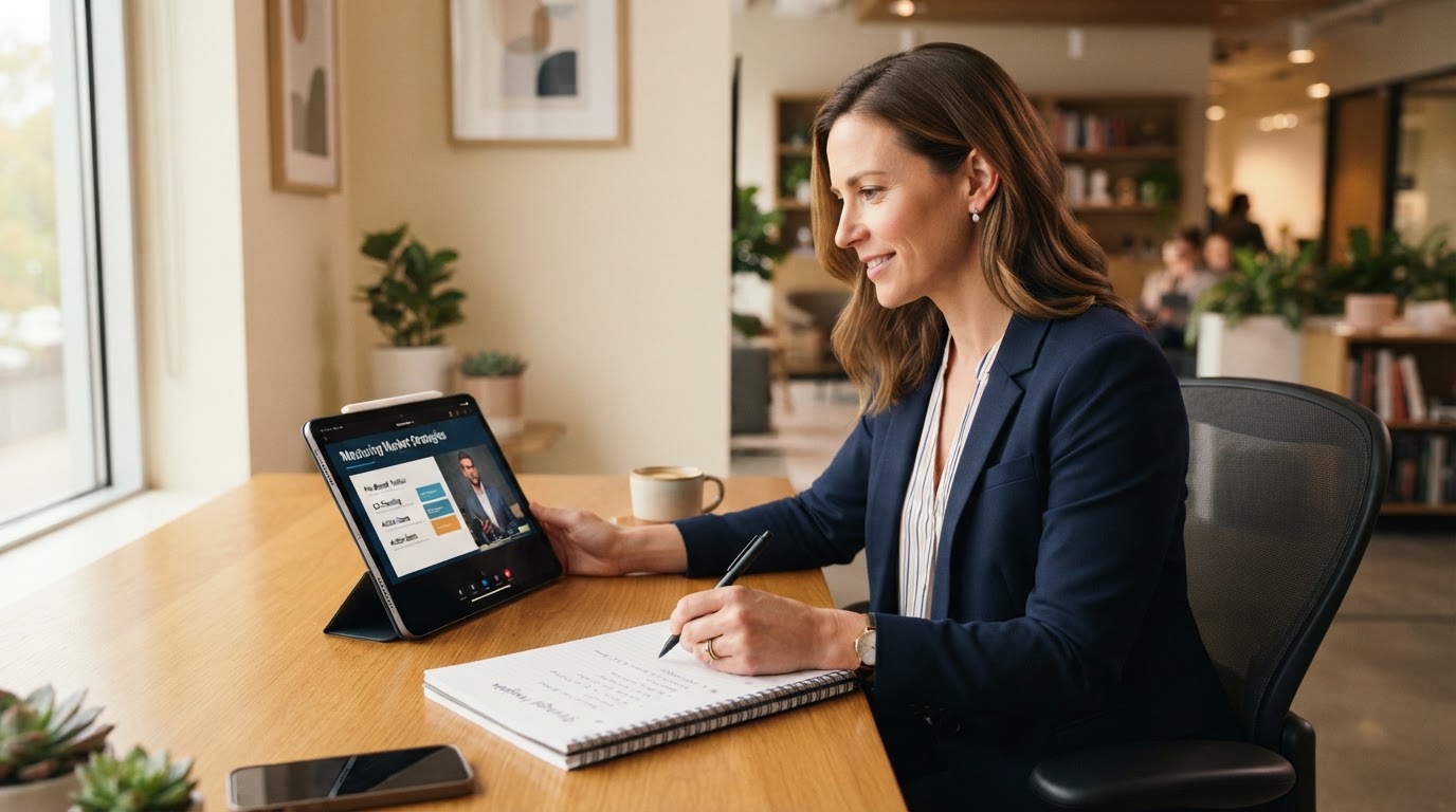 Customer watching an instructional business video on a tablet while taking notes