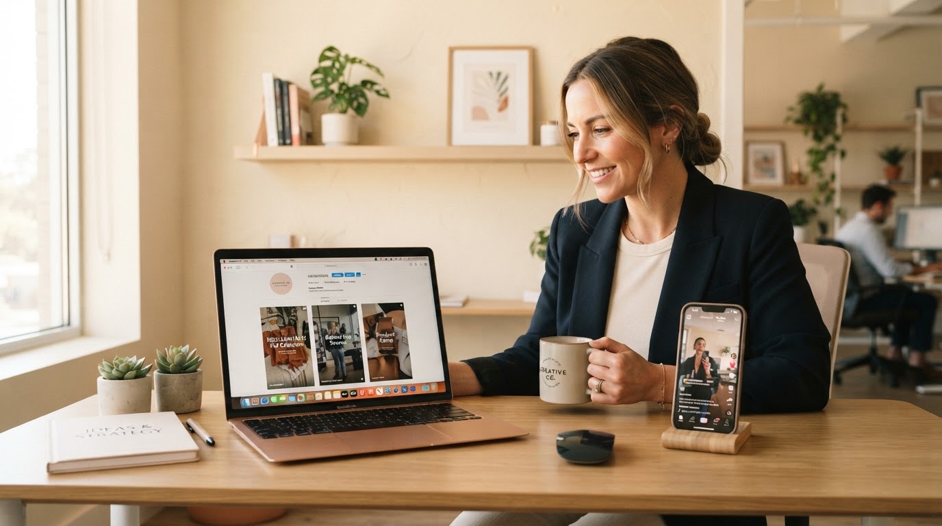 A business owner looking at several social media video posts displayed across a laptop and smartphone