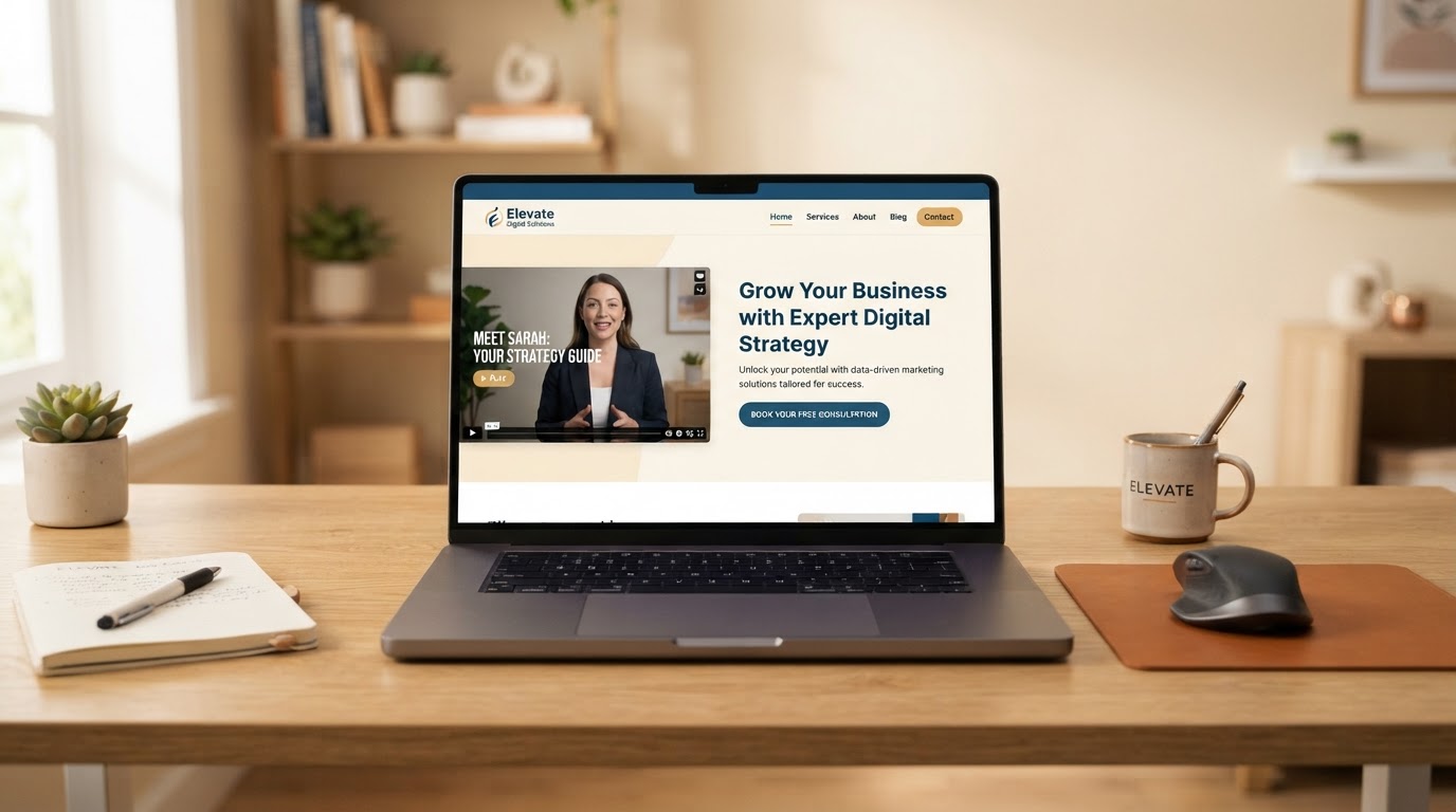 Laptop displaying a modern service-business website with a presenter video visible in the hero section