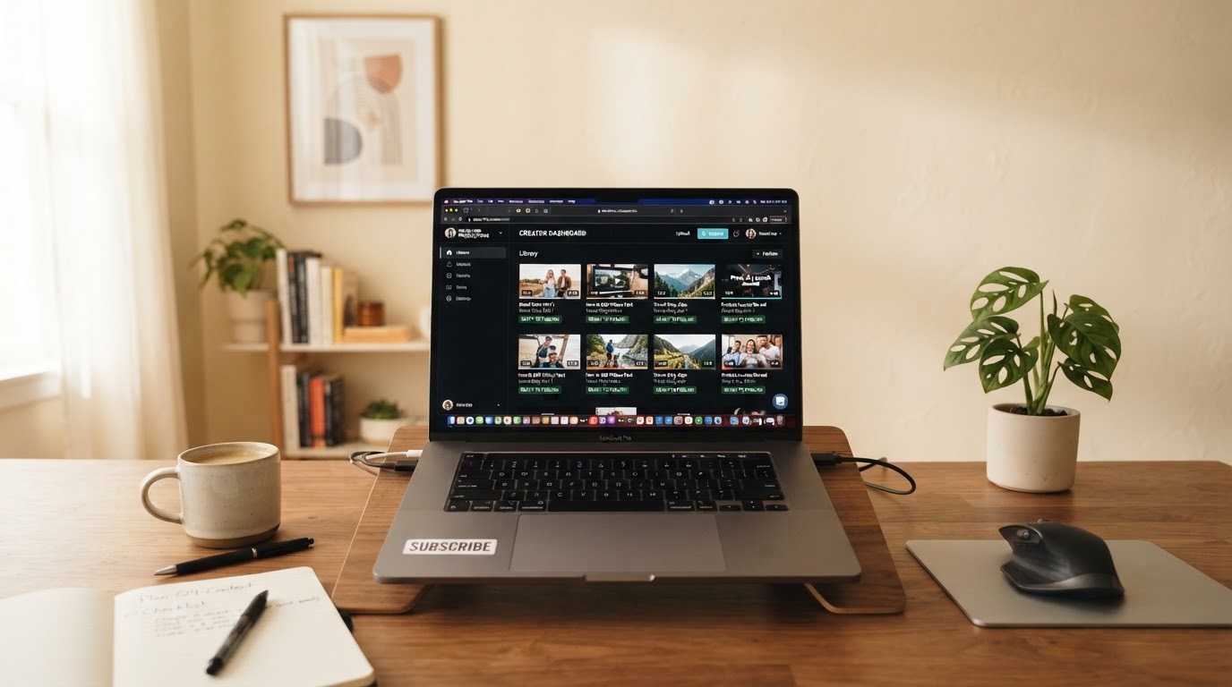 Professional workspace showing a laptop with a video content library and multiple finished videos ready to publish