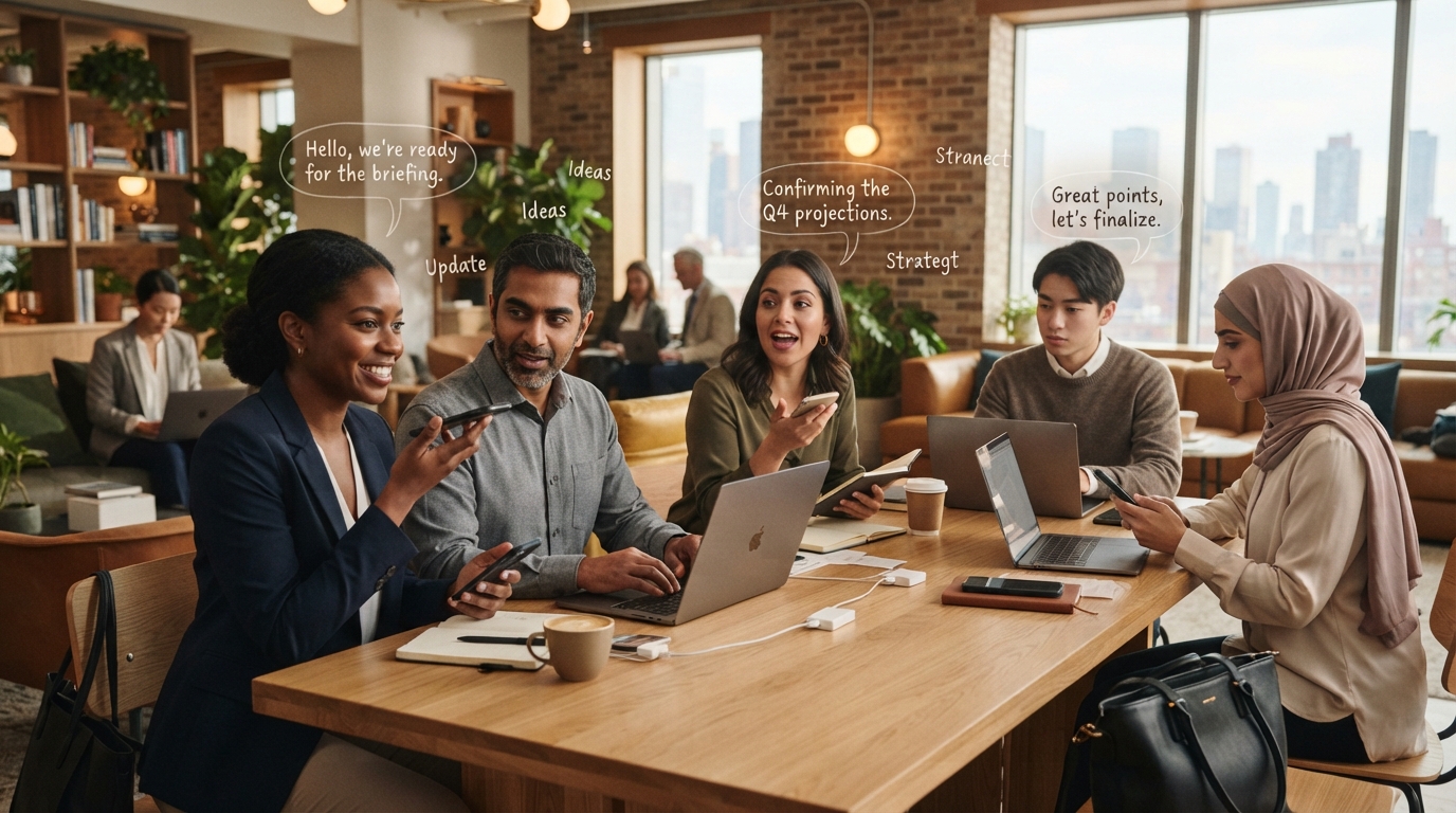 A diverse group of business customers using phones and laptops, with subtle speech or language elements