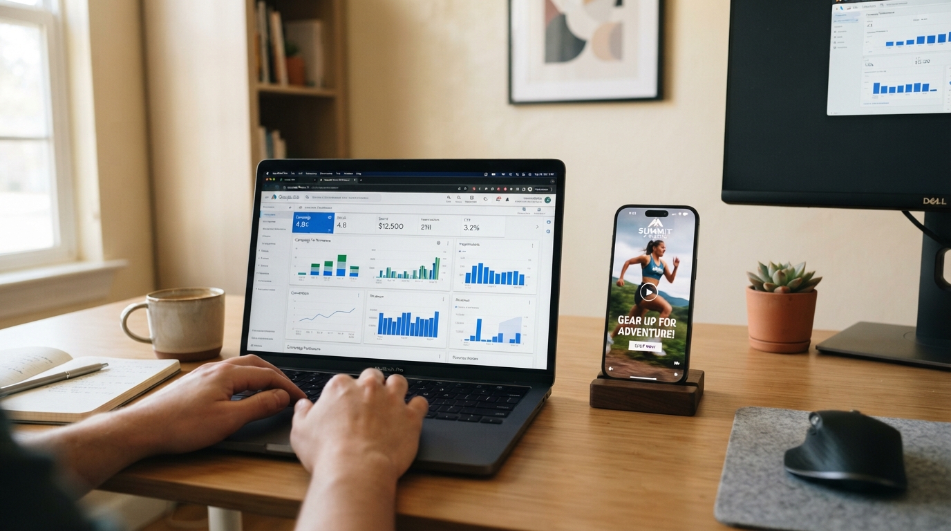Phone displaying a vertical video advertisement beside a laptop showing a digital advertising dashboard