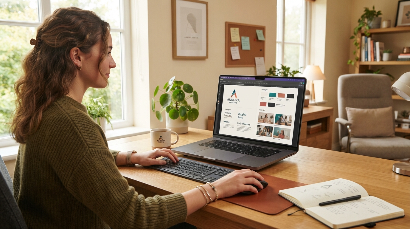 Designer or marketer working with a simple brand style guide, logo, typography samples and video frames on screen