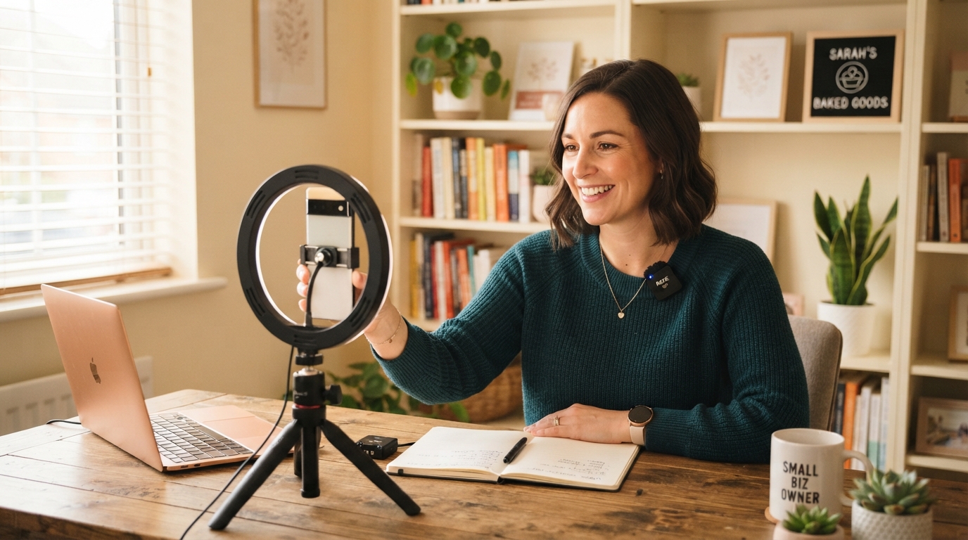 A small-business owner preparing to record a video at a desk, with a camera or smartphone positioned in front of them