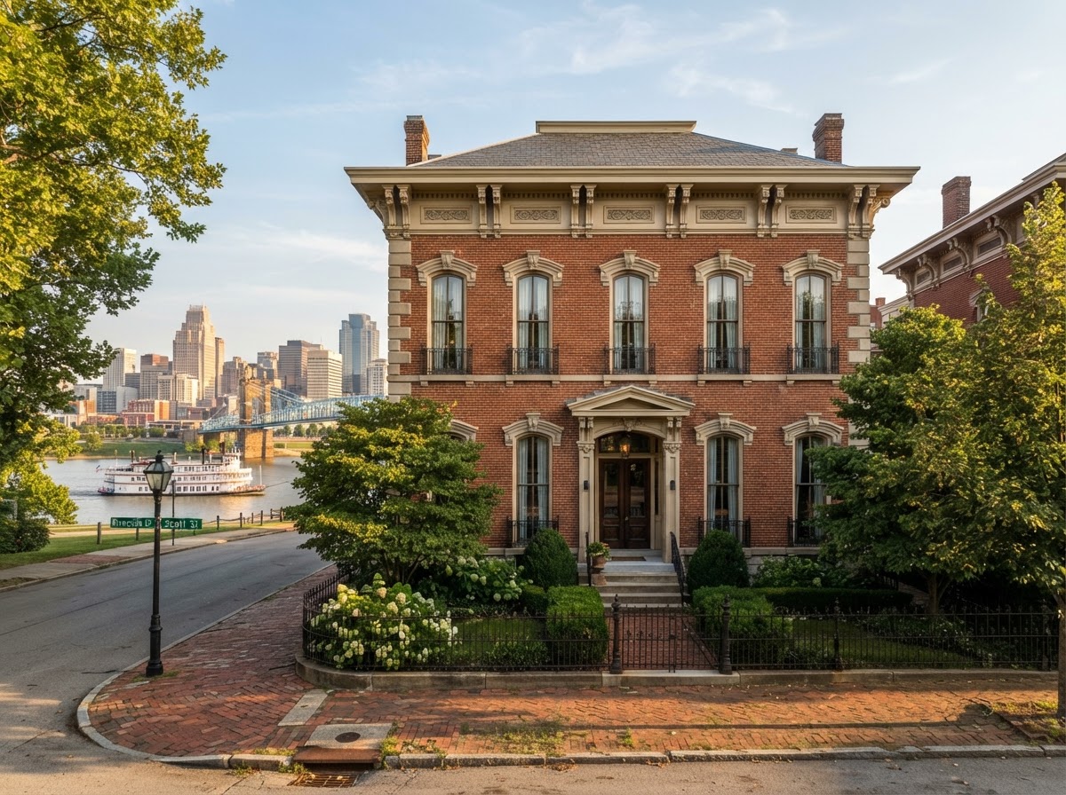 Beautifully preserved Italianate home with tall windows and decorative brackets overlooking Ohio River in Licking Riverside Covington Kentucky