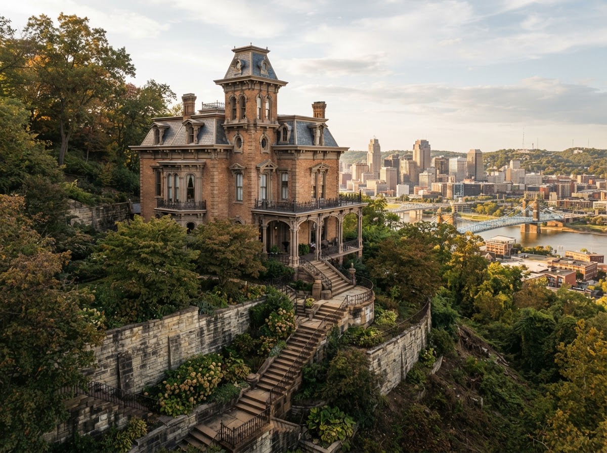 Dramatic Victorian Italianate home on steep hillside overlooking city with stone retaining walls in Clifton Cincinnati