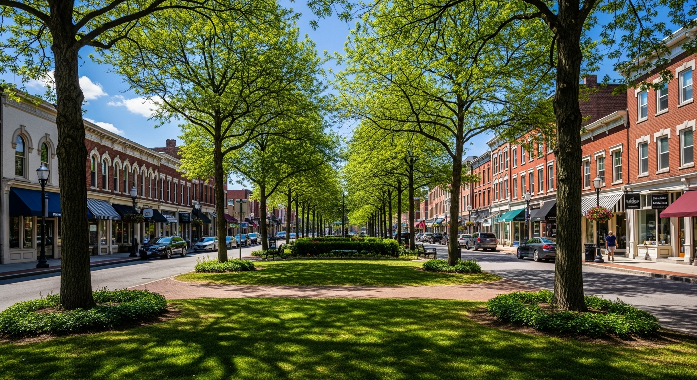 A charming tree-lined view of Hyde Park Square in Cincinnati, Ohio.