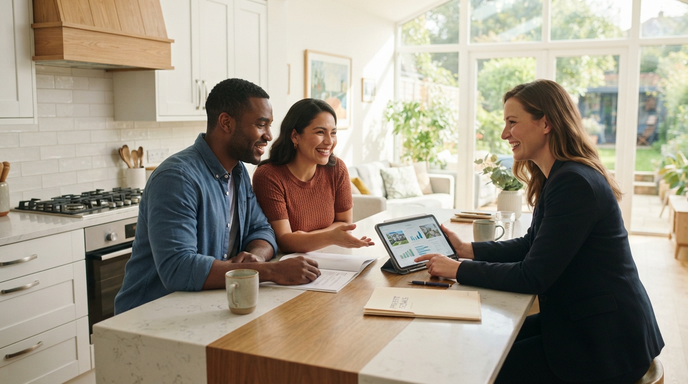 A couple discussing homeownership options with their real estate agent at a kitchen island