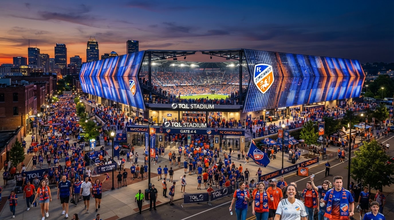 Modern exterior illuminated view of TQL Stadium during matchday in West End Cincinnati