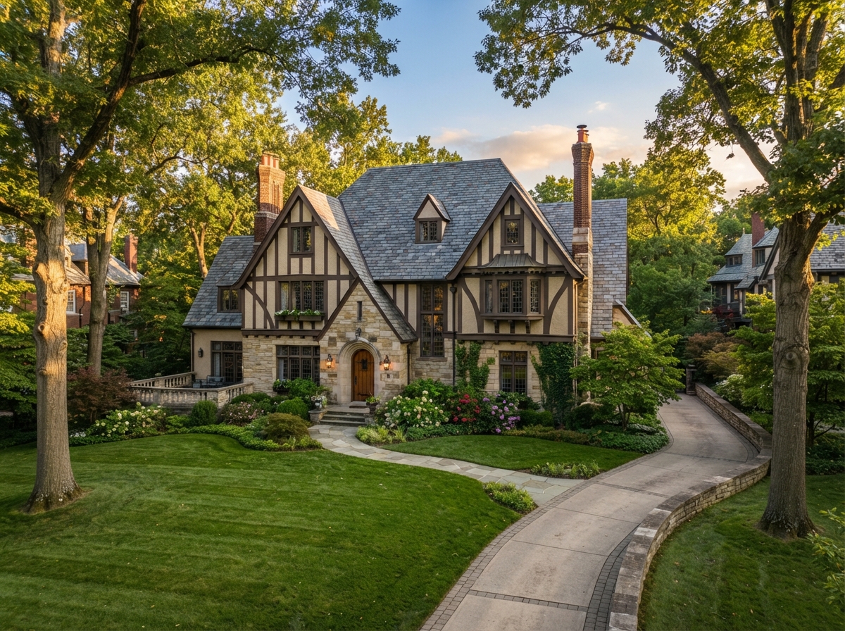 Grand Tudor Revival estate home with half-timbering and mature trees in East Walnut Hills Cincinnati