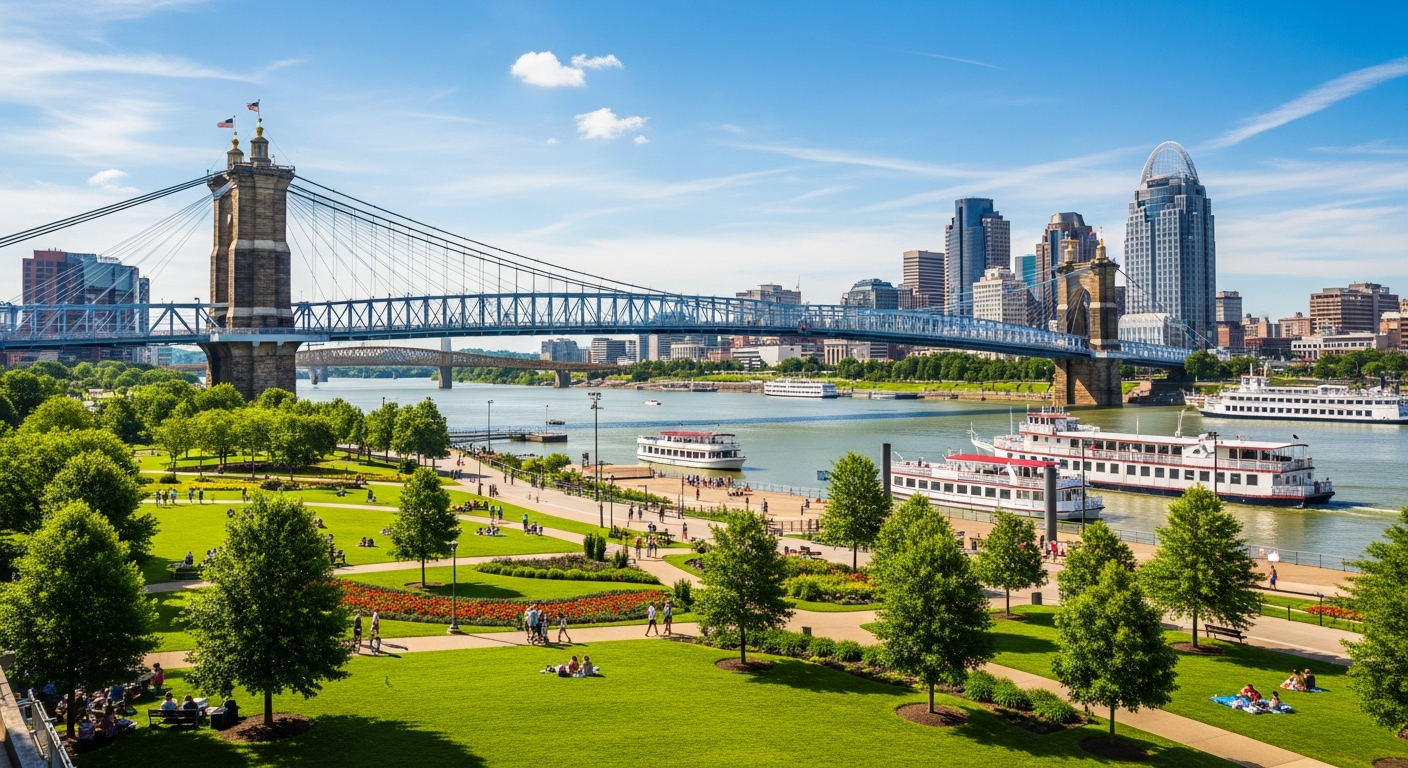 A photorealistic, highly detailed editorial wide shot of the Cincinnati riverfront on a bright summer day, featuring the Roebling Suspension Bridge and lush green parks along the water