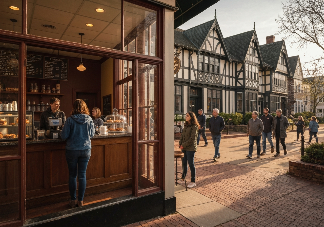 A charming coffee shop in Mariemont's village square with Tudor architecture in the background.