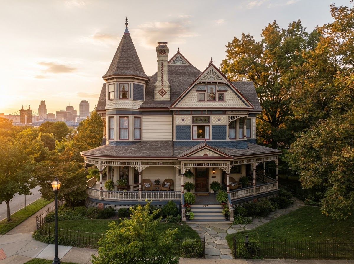 Queen Anne home in Greater Cincinnati with corner turret and wrap-around porch
