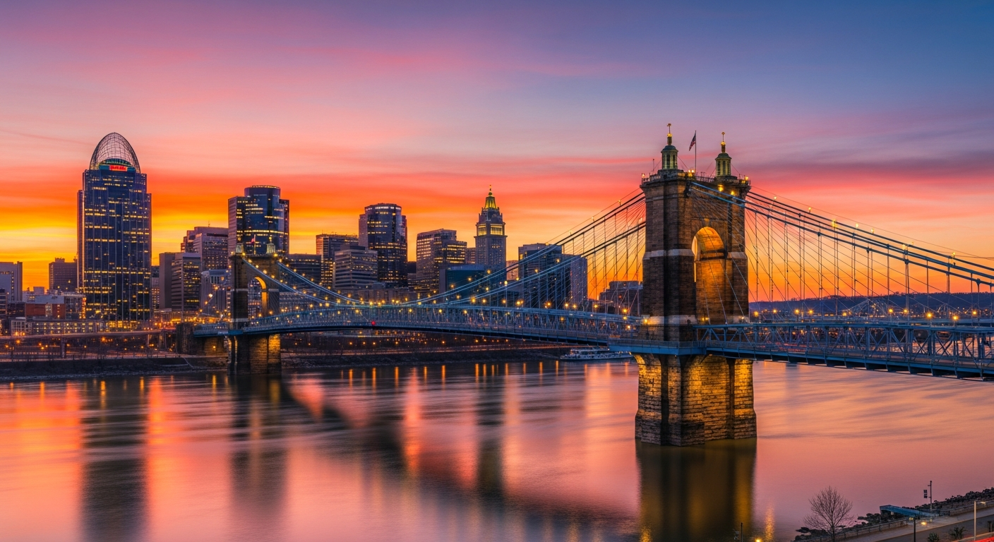 Cincinnati skyline and the John A. Roebling Suspension Bridge spanning the Ohio River at sunset