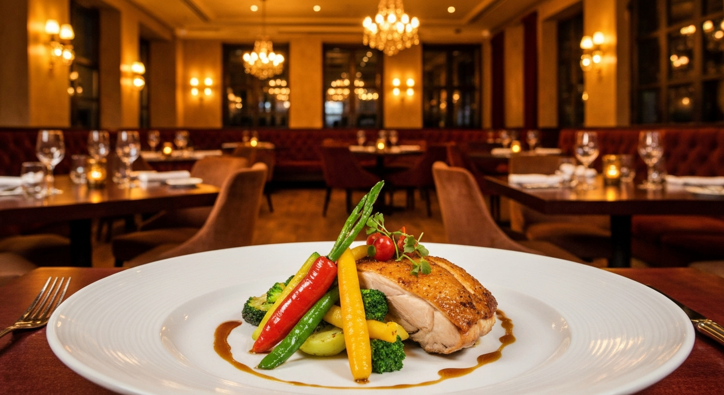 A beautifully plated dish in a warm, upscale restaurant atmosphere in Hyde Park.