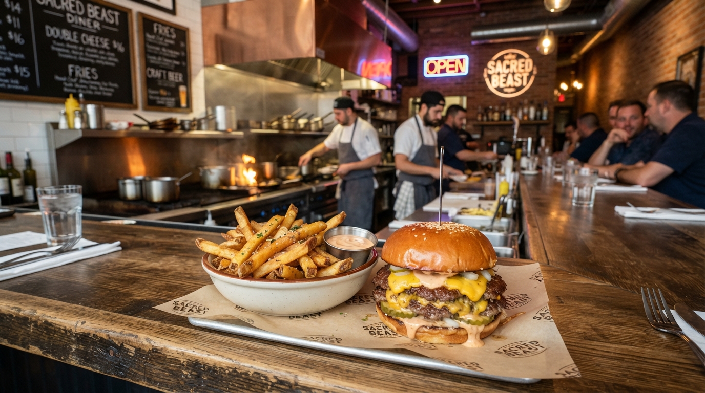 A delicious double cheeseburger with secret sauce and fries served inside Sacred Beast Diner in Over-the-Rhine Cincinnati