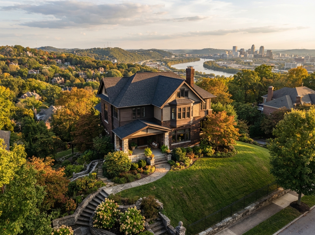 Classic early 20th century home on elevated hilltop setting with mature landscaping and Ohio River valley views in Fort Thomas Kentucky