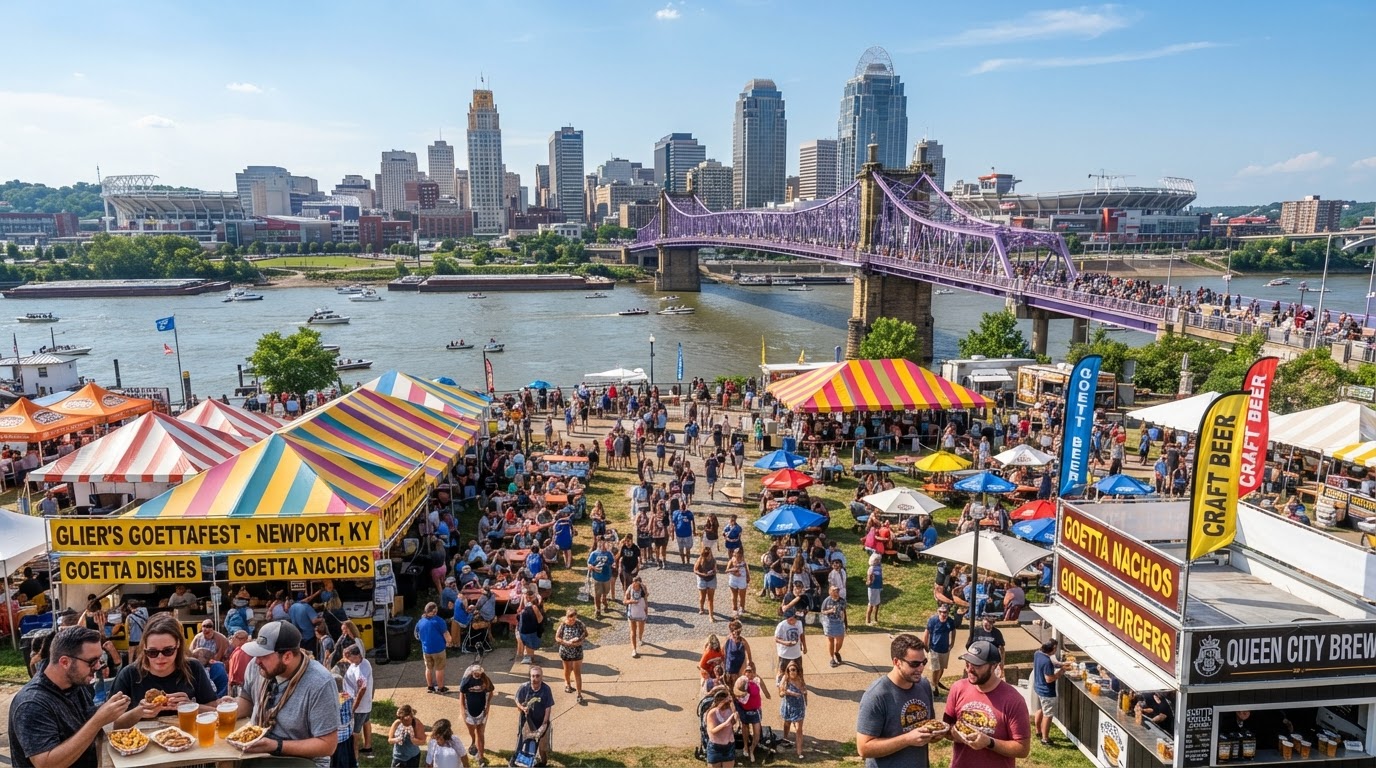 Glier's Goettafest festival tents along the Newport Kentucky riverfront with views of the Cincinnati skyline