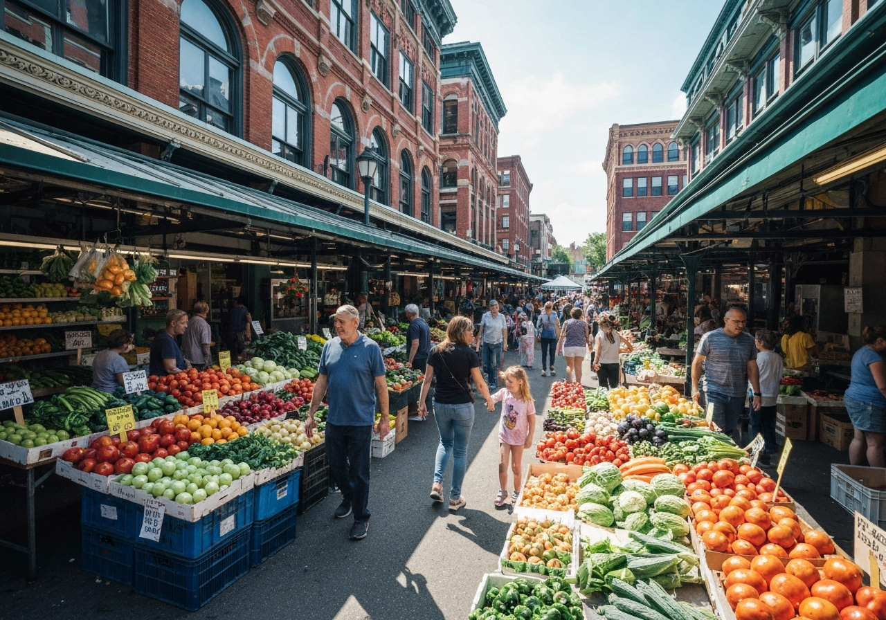 Vibrant outdoor scene at Findlay Market in Cincinnati with fresh produce stands and historic architecture.