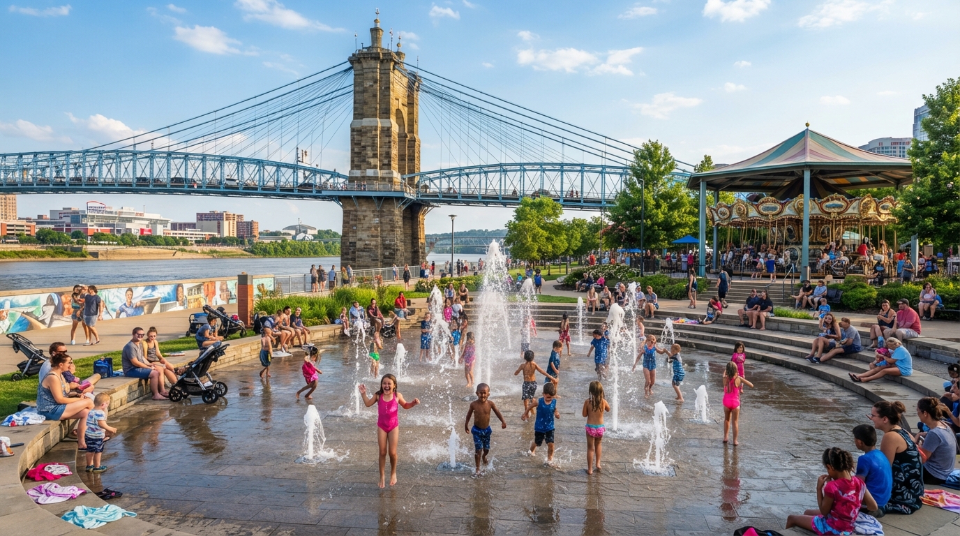 Children playing in splash water fountains at Smale Riverfront Park near the Roebling Bridge in Cincinnati