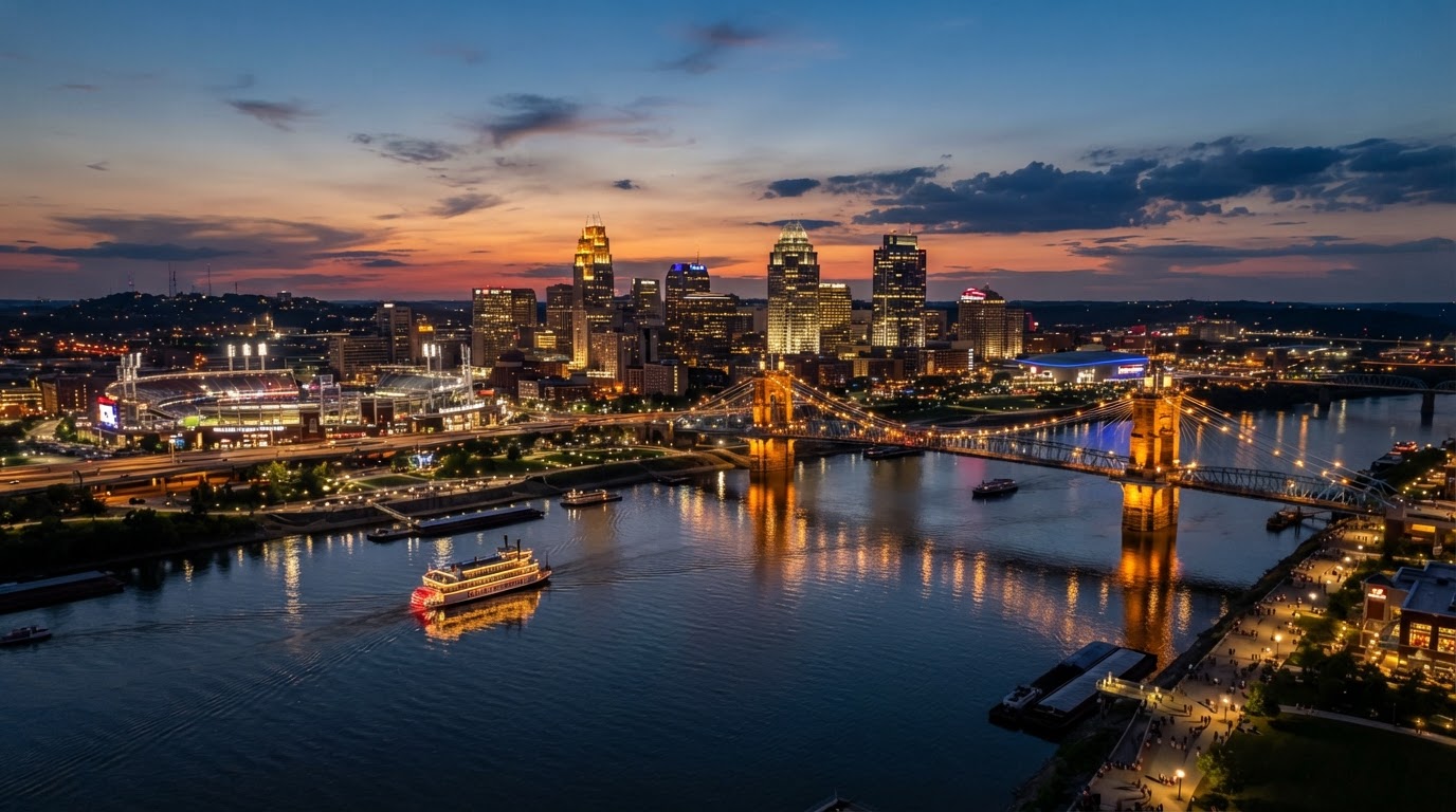 A vibrant wide editorial photo of the Cincinnati skyline and Ohio River illuminated on a warm summer evening